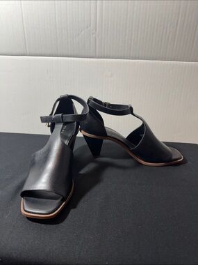 Alex Marie Black Leather T-Strap Mid Block Sandals